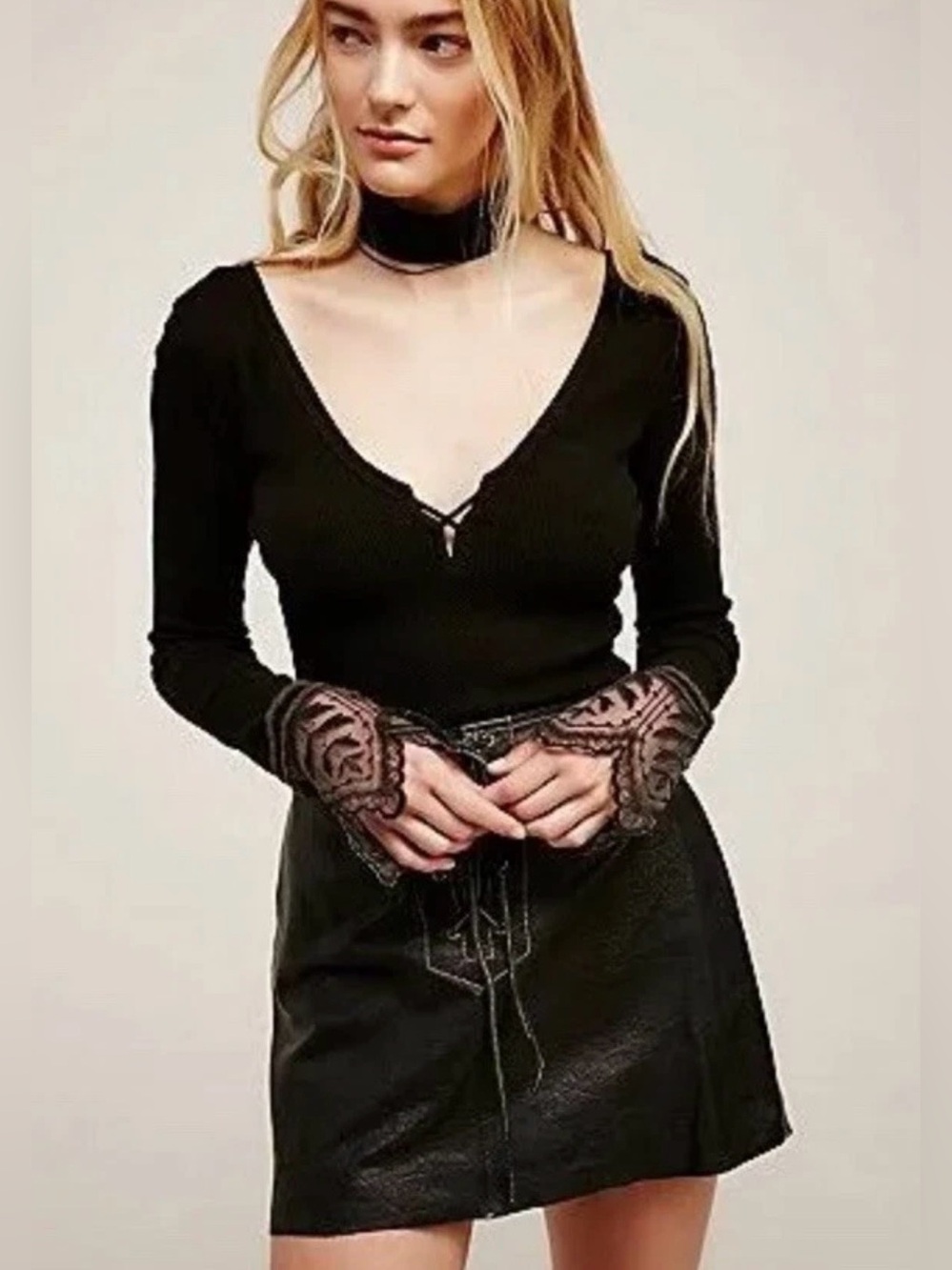 Free People Last Dance Embroidered Thermal Top Black Size Medium